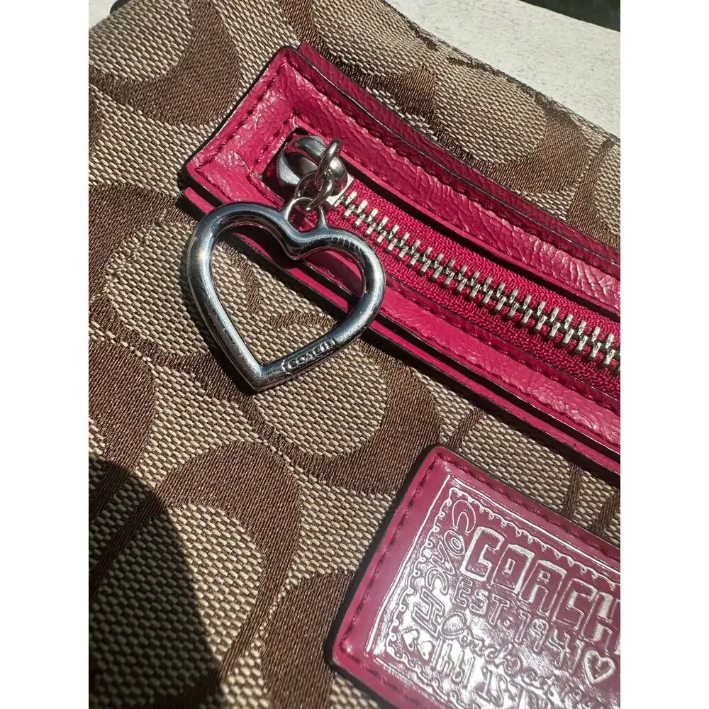 Coach Signature Khaki Pink Jacquard Swingpack Crossbody Bag Heart Charm